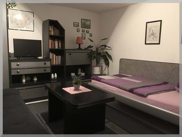 Schwarzes Zimmer der Pension Deparade Altenburg mit modernem Design und praktischem Arbeitsplatz